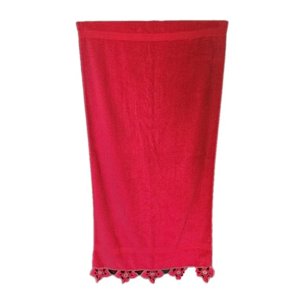 Vintage Sears Cotron Red Towel Set 3pc Floral Crochet Scalloped Edge Mid Century